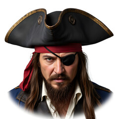 A menacing pirate captain with an eyepatch and tricorn hat, isolated on a transparent background, realistic detail, rugged textures.