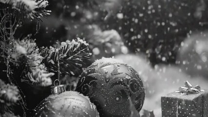 A picturesque winter holiday scene featuring a variety of Christmas tree ornaments and decorations, adorned with strings of lights. The background is filled with softly falling snow on a pine branch. - Powered by Adobe