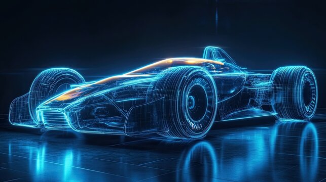 Icy transparent racing car glowing softly with neon blue lines illustrating futuristic automotive technology and digital design - Powered by Adobe