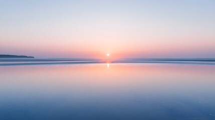 Serene Pink Sunset Beach Reflection: Calm Ocean Panorama