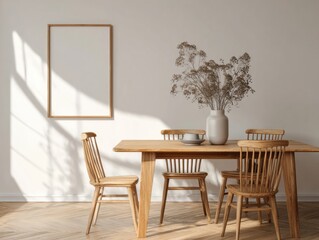 A wooden dining table with four chairs around it. A vase with flowers on it sits on the table