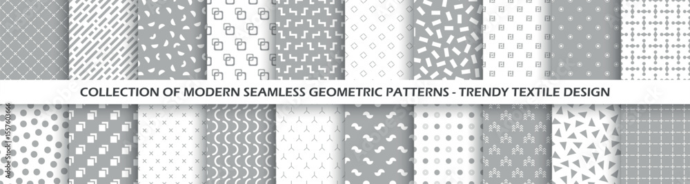 Poster Collection of vector seamless geometric minimalistic patterns in different styles. Monochrome repeatable unusual backgrounds. Endless gray and white prints, modern textile textures