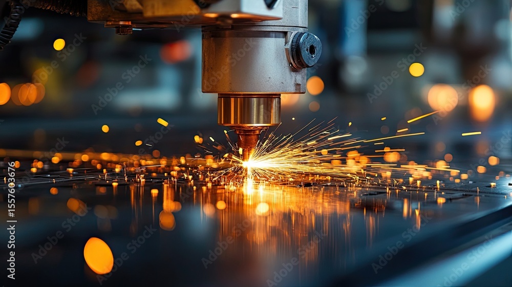 Poster industrial precision metalwork process with sparks flying in workshop showcasing automated fabricati