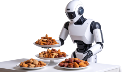 Robot hand with chocolate isolated on transparent background. Png