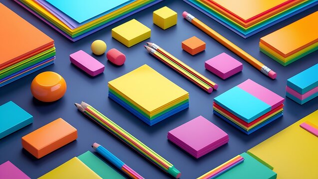 Colorful stationery items are arranged in a geometric pattern on a dark background - Powered by Adobe