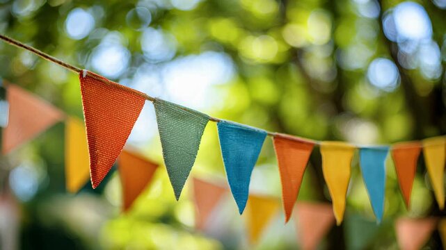 Colorful bunting flags hanging on a string for a summer garden party or festival.Festive atmosphere for an outdoor celebration with a green bokeh Summer fair background and festive decorations - Powered by Adobe