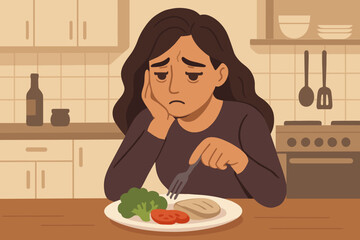 Depressed woman with loss of appetite, concept for eating disorder, mental health problem. Sad tired girl feels no hunger, staring at diet food. Anorexia, depression vector.