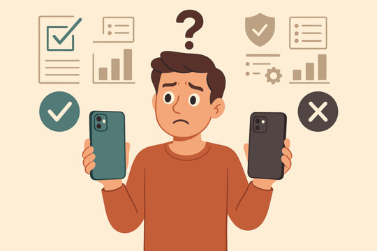 Confused Consumer Comparing Smartphone Models. Decision Making Dilemma. Mobile Phone Choice. Pros and Cons Analysis. Vector Illustration. Technology Comparison. Product Selection Concept