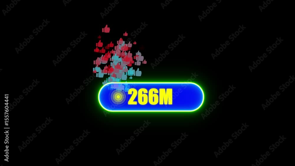 Poster 500.m likes counter animation.counting numbers 0 to 500.m, like icon radio waves with black backgrou
