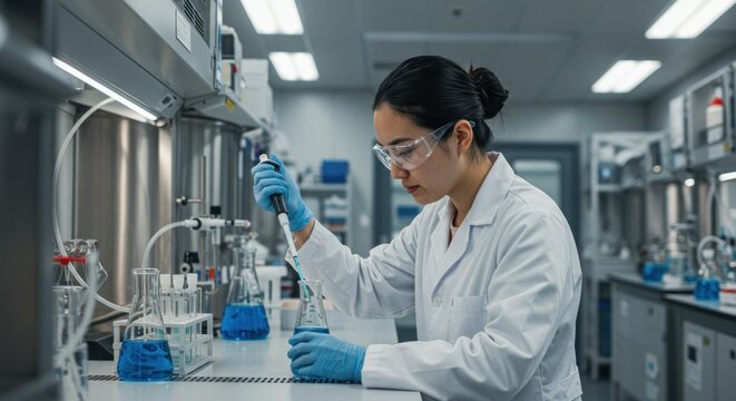 A scientist in a laboratory carefully pipetting a blue liquid solution into a flask. - Powered by Adobe