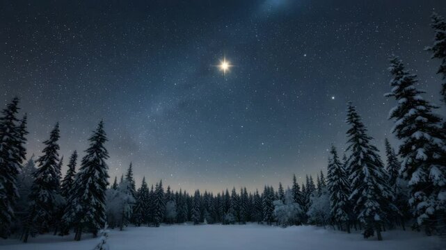 Winter night sky over snow-covered forest under starry heavens  