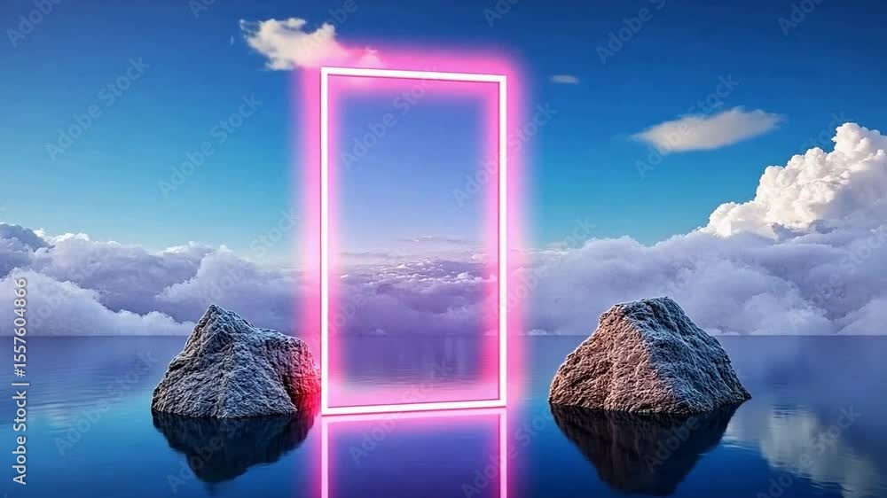 Poster pink neon portal: a surreal landscape featuring a glowing pink neon rectangular portal between two t