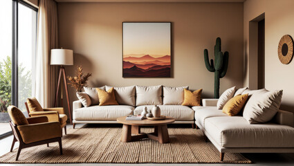 Desert-Themed Living Room with Warm Tones and Cactus Decor