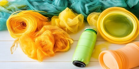 Bright Yellow and Green Netting,  Containers, and Bottle Still Life