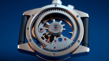 Ai generated image of closeup view of a stylish silver wristwatch with a visible intricate gear mechanism against a dark blue background