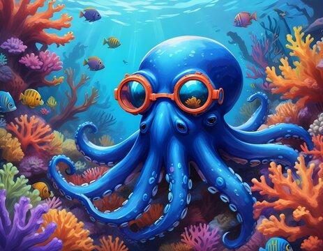 digital painting of a blue octopus wearing scuba diving goggles, surrounded by colorful coral reefs and tropical fish in an underwater scene
