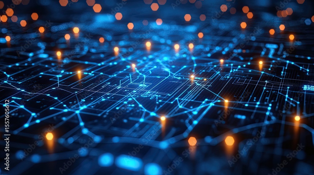 Aufkleber light blue circuit pattern glowing with nodes and connections representing modern technology, data, 