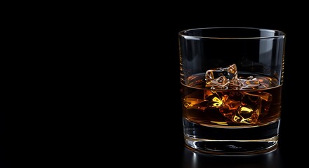 Glass of whiskey with ice cubes on black background  