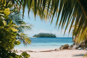Tropical Island Beach Scene with Lush Palm Trees and Turquoise Water