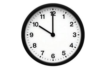 Black framed analog clock showing ten oclock isolated on a transparent background time