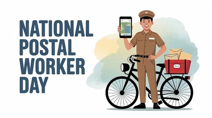 National Postal Worker Day, Postal worker celebrates day holding envelopes and riding bicycle.