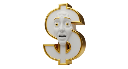 Surprised dollar sign character with gold border isolated on transparent background
