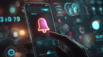 A futuristic interface with a person holding a smartphone, a large bell notification icon on a transparent virtual screen, surrounded by glowing announcement widgets