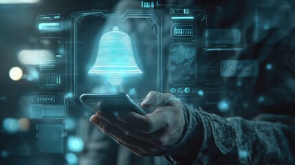 A futuristic interface with a person holding a smartphone, a large bell notification icon on a transparent virtual screen, surrounded by glowing announcement widgets