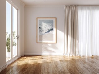 Fototapeta premium A white room with a framed picture of a beach. The curtains are white and the room is empty