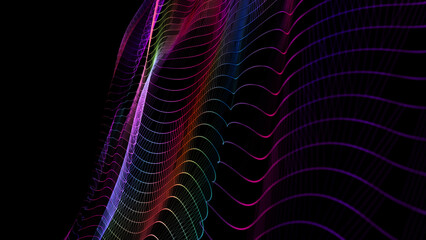 Abstract background with color grid triangles wavy on in dark cyberspace. Concept dynamic data analysis in cyber quantum continuum. For technology, science and data visualization DOF.
