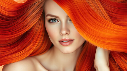  portrait of  woman with bright orange hair,    smooth skin and subtle makeup
