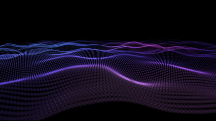 Futuristic background wavy lines from dots in dark cyberspace. Digital technology concept data analysis. Abstract wave with purple particles DOF.