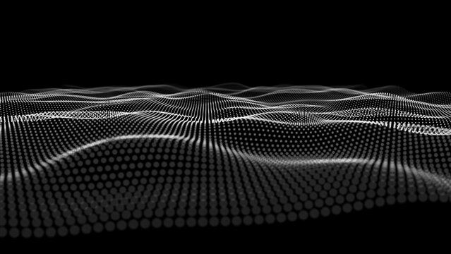 Futuristic background wavy lines from dots in black cyberspace. Digital technology concept data analysis. Abstract wave with white particles DOF. Big data.
