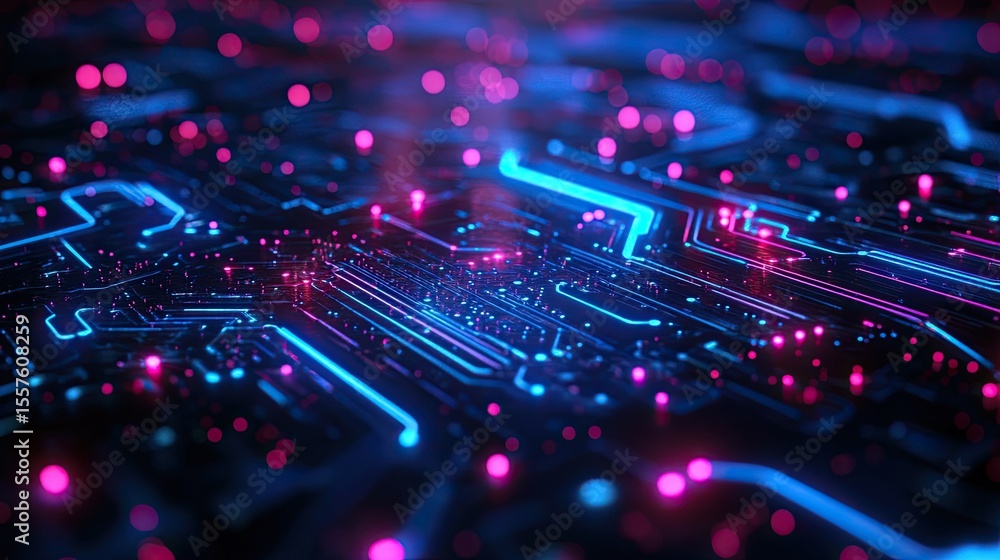 Poster neon circuit board design with glowing blue tech lines and high-tech digital background in futuristi