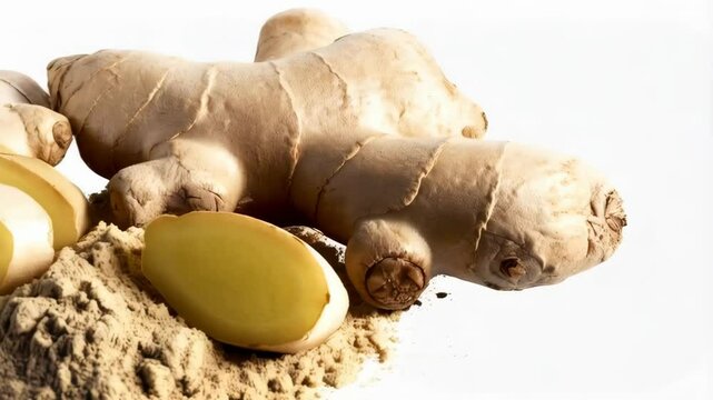 Ginger rhizome root with cut slices and powder spice on a plain white surface offering a natural medicinal organic food ingredient.