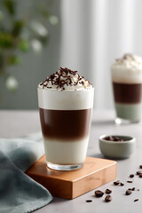 Close-up of a beautifully layered coffee beverage with whipped cream on top. Perfect image for café ads, coffee recipes, or morning mood visuals.
