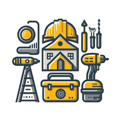 Fototapeta premium Construction tools and house illustration with various equipment and accessories displayed