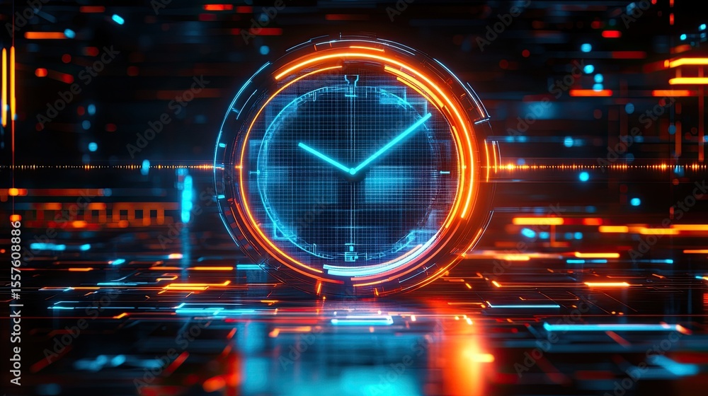 Aufkleber neon digital clock glowing on black background, tech timekeeping concept with futuristic glowing dis