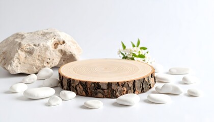 Reclaimed Stump Podium with Rock and Pebble for product placement and advertisement