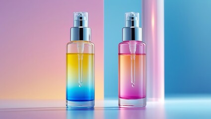 Two colorful glass bottles with spray tops filled with oil sit on a vibrant background