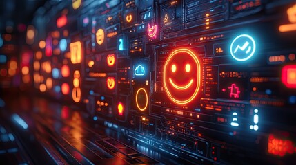 Neon feedback system with glowing emoji lights. Futuristic UI design for online rating, tech feedback and user interface