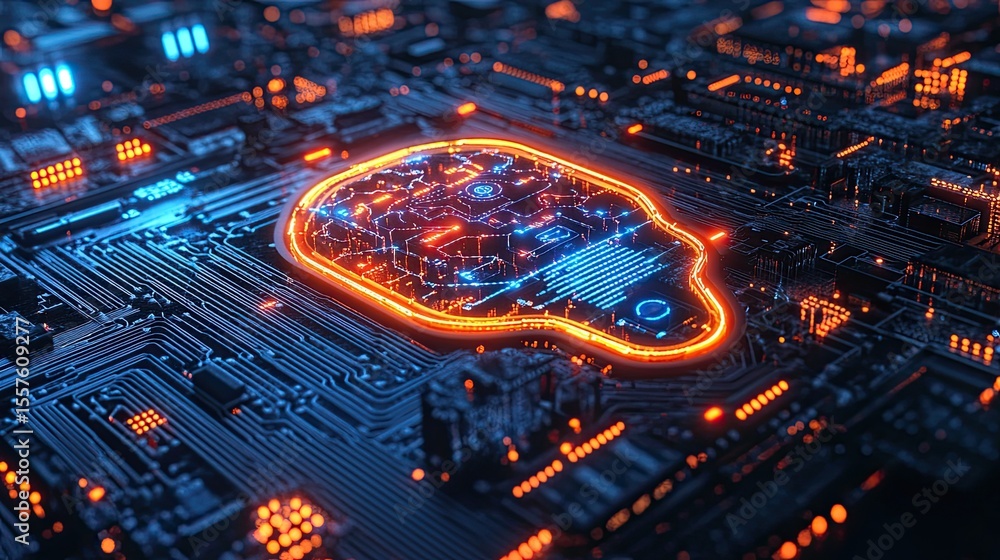 Poster neon glowing gear with ai brain circuit design symbolizing intelligent systems, automation, and digi