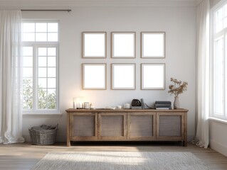 Fototapeta premium A white room with a wooden dresser and a rug. The dresser has a basket on it