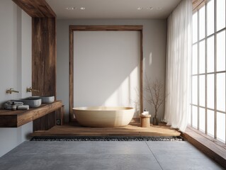 A bathroom with a wooden floor and a bathtub. The bathtub is in the middle of the room