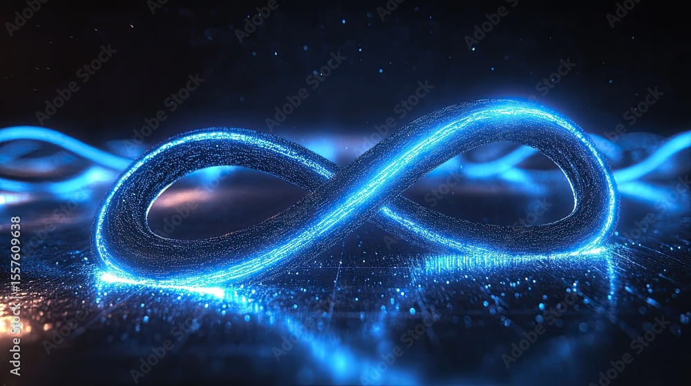 Poster neon infinity loop lines featuring glowing blue neon line shapes forming a continuous infinity loop 