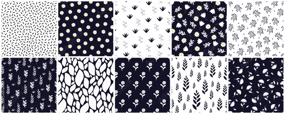 Poster collection of vector elegant floral seamless patterns. drawing repeatable spring nature beautiful fa