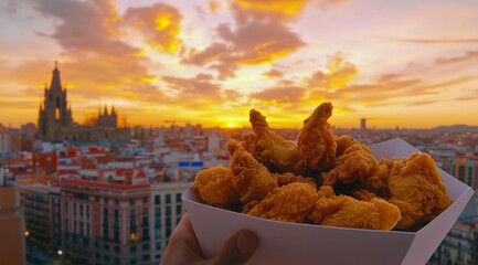 Golden fried chicken against stunning sunset backdrop over city skyline creates delightful and appetizing scene