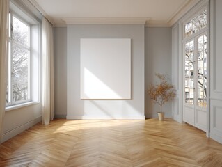 Obraz premium A large white wall with a picture hanging on it. The room is empty and has hardwood floors