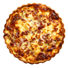 Aerial view of a freshly baked quiche lorraine with a golden crust and savory filling on black background