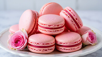 Obraz premium A stack of pink macarons on a white plate decorated with two pink roses in a close up shot